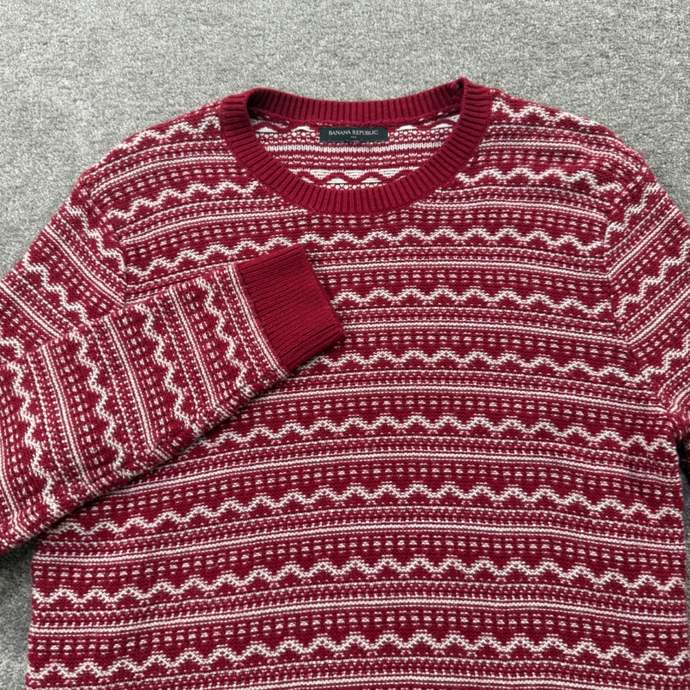 Banana Republic Fair Isle Sweater Mens Medium Burgundy White Knit HOL20 65322201